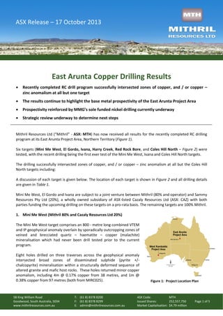 ASX Release – 17 October 2013

East Arunta Copper Drilling Results


Recently completed RC drill program successfully intersected zones of copper, and / or copper –
zinc anomalism at all but one target



The results continue to highlight the base metal prospectivity of the East Arunta Project Area



Prospectivity reinforced by MMG’s sole funded nickel drilling currently underway



Strategic review underway to determine next steps

Mithril Resources Ltd (“Mithril” - ASX: MTH) has now received all results for the recently completed RC drilling
program at its East Arunta Project Area, Northern Territory (Figure 1).
Six targets (Mini Me West, El Gordo, Ivana, Harry Creek, Red Rock Bore, and Coles Hill North – Figure 2) were
tested, with the recent drilling being the first ever test of the Mini Me West, Ivana and Coles Hill North targets.
The drilling successfully intersected zones of copper, and / or copper – zinc anomalism at all but the Coles Hill
North targets including:
A discussion of each target is given below. The location of each target is shown in Figure 2 and all drilling details
are given in Table 1.
Mini Me West, El Gordo and Ivana are subject to a joint venture between Mithril (80% and operator) and Sammy
Resources Pty Ltd (20%), a wholly owned subsidiary of ASX-listed Cazaly Resources Ltd (ASX: CAZ) with both
parties funding the upcoming drilling on these targets on a pro-rata basis. The remaining targets are 100% Mithril.
1. Mini Me West (Mithril 80% and Cazaly Resources Ltd 20%)
The Mini Me West target comprises an 800 - metre long combined VTEM
and IP geophysical anomaly overlain by sporadically outcropping zones of
veined and brecciated quartz – haematite – copper (malachite)
mineralisation which had never been drill tested prior to the current
program.
Eight holes drilled on three traverses across the geophysical anomaly
intersected broad zones of disseminated sulphide (pyrite +/chalcopyrite) mineralisation within a structurally deformed sequence of
altered granite and mafic host rocks. These holes returned minor copper
anomalism, including 4m @ 0.17% copper from 38 metres, and 1m @
0.38% copper from 97 metres (both from MIRC025).

58 King William Road
Goodwood, South Australia, 5034
www.mithrilresources.com.au

T: (61 8) 8378 8200
F: (61 8) 8378 8299
E: admin@mithrilresources.com.au

Figure 1: Project Location Plan

ASX Code:
MTH
Issued Shares:
252,557,750
Market Capitalisation: $4.79 million

Page 1 of 5

 