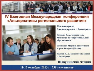 IV Ежегодная Международная конференция
«Альтернативы регионального развития»
При поддержке
Администрации г. Волгограда
Головин В. А., заместитель
Министра по территориальным
образованиям
Штепанек Мартин, заместитель
мэра г. Острава (Чехия)
Карева И. А., заместитель главы
г. Волгограда

Шабунинские чтения
11-12 октября 2013 г. 238 участников

 