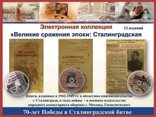 Электронная коллекция
12 изданий
«Великие сражения эпохи: Сталинградская
битва»

Книги, изданные в 1942-1949 гг. в областном книгоиздательстве
г. Сталинграда, в годы войны - в военном издательстве
народного комиссариата обороны г. Москвы, Госполитиздате

70-лет Победы в Сталинградской битве

 