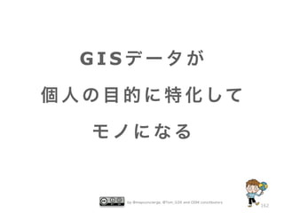 GISデータが
個 人 の 目 的 に 特 化 して
モノになる

by @mapconcierge, @Tom_G3X and OSM conctibutors

162

 