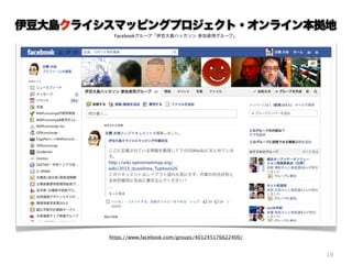伊豆大島クライシスマッピングプロジェクト・オンライン本拠地
Facebookグループ「伊豆大島ハッカソン 参加者用グループ」

https://www.facebook.com/groups/401245176622400/

18

 
