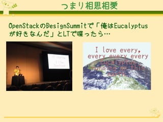 つまり相思相愛
OpenStackのDesignSummitで「俺はEucalyptus
が好きなんだ」とLTで喋ったら…

12

 