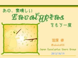 あの、素晴しい

Eucalyptus
をもう一度

羽深 修
@habuka036
Japan Eucalyptus Users Group
2013/10/19

 