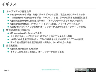 イギリス
▐  オープンデータ推進政策
l 
l 
l 
l 
l 

data.gov.uk(10年1月)：政府のデータポータル公開、現在9,512のデータセット
Transparency Agenda(10年5月)：キャメロン首相、データ公開を政府機関に指示
Open Government License(10年10月)：オープンデータ用ライセンスを開発
Open Data Institute(11年11月∼)：ビジネス創出、スタートアップ育成中
G8(13年6月):キャメロン首相がオープンデータと透明性をメインテーマの1つに

▐  情報経済戦略(13年6月)
l 
l 
l 
l 

G8 Innovation Conferenceで発表
上位50の公共サービスのうち25を300日以内にデジタル化し革新
160万の中小企業が5年以内にビジネス規模を拡大できる新プログラムを創設
データ能力開発戦略を産学官共同で開発し、2013年10月に発表

▐  非営利組織
l  Open Knowledge Foundation
l  イギリス政府と密に連携し、オープンデータ政策を推進

Page 22

Open Knowledge Foundation Japan

 