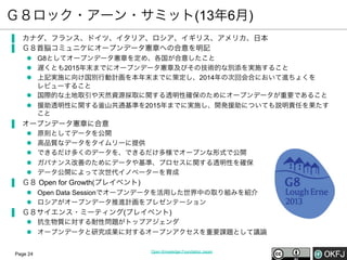 Ｇ８ロック・アーン・サミット(13年6月)
▐  カナダ、フランス、ドイツ、イタリア、ロシア、イギリス、アメリカ、日本
▐  Ｇ８首脳コミュニケにオープンデータ憲章への合意を明記
l  G8としてオープンデータ憲章を定め、各国が合意したこと
l  遅くとも2015年末までにオープンデータ憲章及びその技術的な別添を実施すること
l  上記実施に向け国別行動計画を本年末までに策定し、2014年の次回会合において進ちょくを
レビューすること
l  国際的な土地取引や天然資源採取に関する透明性確保のためにオープンデータが重要であること
l  援助透明性に関する 山共通基準を2015年までに実施し、開発援助についても説明責任を果たす
こと

▐  オープンデータ憲章に合意
l 
l 
l 
l 
l 

原則としてデータを公開
高品質なデータをタイムリーに提供
できるだけ多くのデータを、できるだけ多様でオープンな形式で公開
ガバナンス改善のためにデータや基準、プロセスに関する透明性を確保
データ公開によって次世代イノベーターを育成

▐  Ｇ８ Open for Growth(プレイベント)
l  Open Data Sessionでオープンデータを活用した世界中の取り組みを紹介
l  ロシアがオープンデータ推進計画をプレゼンテーション

▐  Ｇ８サイエンス・ミーティング(プレイベント)
l  抗生物質に対する耐性問題がトップアジェンダ
l  オープンデータと研究成果に対するオープンアクセスを重要課題として議論
Page 24

Open Knowledge Foundation Japan

 