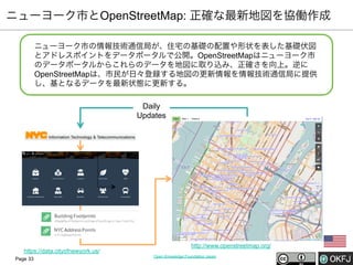 ニューヨーク市とOpenStreetMap: 正確な最新地図を協働作成
ニューヨーク市の情報技術通信局が、住宅の基礎の配置や形状を表した基礎伏図
とアドレスポイントをデータポータルで公開。OpenStreetMapはニューヨーク市
のデータポータルからこれらのデータを地図に取り込み、正確さを向上。逆に
OpenStreetMapは、市民が日々登録する地図の更新情報を情報技術通信局に提供
し、基となるデータを最新状態に更新する。
Daily
Updates

https://data.cityofnewyork.us/
Page 33

http://www.openstreetmap.org/
Open Knowledge Foundation Japan

 