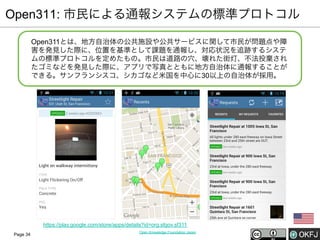 Open311: 市民による通報システムの標準プロトコル
Open311とは、地方自治体の公共施設や公共サービスに関して市民が問題点や障
害を発見した際に、位置を基準として課題を通報し、対応状況を追跡するシステ
ムの標準プロトコルを定めたもの。市民は道路の穴、壊れた街灯、不法投棄され
たゴミなどを発見した際に、アプリで写真とともに地方自治体に通報することが
できる。サンフランシスコ、シカゴなど米国を中心に30以上の自治体が採用。

https://play.google.com/store/apps/details?id=org.sfgov.sf311
Page 34

Open Knowledge Foundation Japan

 