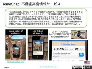 HomeSnap: 不動産高度情報サービス
HomeSnapは、iPhoneのカメラで撮影するだけで、その住宅に関するさまざまな
情報をその場で知ることができるアプリ。GPS情報を基にしてMLSを検索し、
MLSの情報から必要な情報(その物件に住むと通学することになる学校の情報な
ど)を抜き出して利用者に提供。MLSに登録されていない場合、同じくGPS情報
を利用してその物件の公的な納税記録を検索し、納税額から物件の課税評価額を
逆算して求め、利用者に推定売買価格を提示。9,000万軒以上の住宅をカバー。

スマートフォンの
カメラで撮影するだけで
推定売買価格を表示

http://www.sawbuck.com/

Page 45

Open Knowledge Foundation Japan

 