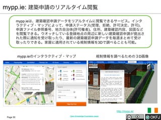 mypp.ie: 建築申請のリアルタイム閲覧
mypp.ieは、建築確認申請データをリアルタイムに閲覧できるサービス。インタ
ラクティブ・マップによって、申請ステータス(受理、拒絶、許可決定、許可)、
申請ファイル参照番号、地方自治体(許可権者)、住所、建築確認内容、図面など
を閲覧できる。ウオッチしている登録地点の周辺に新しい建築確認申請が提出さ
れた際に通知を受け取ったり、最新の建築確認申請データを毎週まとめて受け
取ったりできる。家屋に適用されている規制情報を3Dで調べることも可能。

mypp.ieのインタラクティブ・マップ

規制情報を調べるための３D画像

http://mypp.ie/
Page 50

Open Knowledge Foundation Japan

 