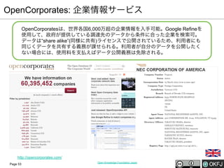 OpenCorporates: 企業情報サービス
OpenCorporatesは、世界各国6,000万超の企業情報を入手可能。Google Refineを
使用して、政府が提供している調達先のデータから条件に合った企業を検索可。
データは“share alike”(同様に共有)ライセンスで公開されているため、利用者にも
同じくデータを共有する義務が課せられる。利用者が自分のデータを公開したく
ない場合には、使用料を支払えばデータ公開義務は免除される。

http://opencorporates.com/
Page 53

Open Knowledge Foundation Japan

 