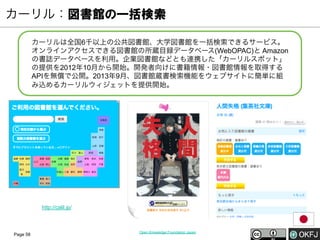 カーリル：図書館の一括検索
カーリルは全国6千以上の公共図書館、大学図書館を一括検索できるサービス。
オンラインアクセスできる図書館の所蔵目録データベース(WebOPAC)と Amazon
の書誌データベースを利用。企業図書館などとも連携した「カーリルスポット」
の提供を2012年10月から開始。開発者向けに書籍情報・図書館情報を取得する
APIを無償で公開。2013年9月、図書館蔵書検索機能をウェブサイトに簡単に組
み込めるカーリルウィジェットを提供開始。

http://calil.jp/

Page 58

Open Knowledge Foundation Japan

 