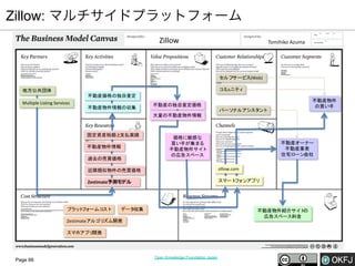 Zillow: マルチサイドプラットフォーム
Zillow

Tomihiko	
  Azuma

セルフサービス(Web)
コ ュニティ
ミ

地方公共団体

不動産価格の独自査定
Multiple	
  Listing	
  Services

不動産物件情報の収集

不動産物件
の買い手

不動産の独自査定価格
パーソナルアシスタ
ント
大量の不動産物件情報

固定資産税額と
支払実績
不動産物件情報
過去の売買価格

価格に敏感な
買い手が集まる
不動産物件サイト
の広告スペース

不動産オーナー
不動産業者
住宅ローン会社

近隣類似物件の売買価格

zillow.com

Zestimate予測モデル

スマート
フォンアプリ

プラッ フォームコ
ト
スト

データ
収集

不動産物件紹介サイト
の
広告スペース料金

Zestimateアルゴリ
ズム開発
スマホアプリ
開発

Page 66

Open Knowledge Foundation Japan

 