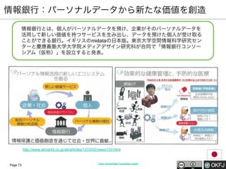 情報銀行：パーソナルデータから新たな価値を創造
情報銀行とは、個人がパーソナルデータを預け、企業がそのパーソナルデータを
活用して新しい価値を持つサービスを生み出し、データを預けた個人が受け取る
ことができる銀行。イギリスのmidataの日本版。東京大学空間情報科学研究セン
ターと慶應義塾大学大学院メディアデザイン研究科が合同で「情報銀行コンソー
シアム（仮称）」を設立すると発表。

http://www.atmarkit.co.jp/ait/articles/1310/02/news133.html

Page 73

Open Knowledge Foundation Japan

 
