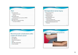 Pain 

Perioperative nerve injury

 Nociceptic pain
 Surgical wound pain
 Scar pain
 Neuropathic pain
 Postmastectomy pain syndrome (PMPS)
 Myofascial pain
y
p

 Thoracodorsal nerve
 latissmus dorsi
 Long thoracic nerve
 serratus anterior
 Intercostobrachial nerve
 Sensory deficit
i
thi
i
 Ch
Chronic neuropathic pain
 Postmastectomy pain syndrome (PMPS)
 Medial and lateral pectoral nerve
 Pectoralis

 Side effects of anticancer drug 
 Aromatase inhibitors

38

Neuromuscular complications after 
surgery for breast cancer
surgery for breast cancer

腋網症候群 axillary web syndrome

 Neuropathy
 Scar adhesion
 Pectoral area tightness
 AWS
 Shoulder tendinopathy
 Frozen shoulder

39

40

10

 
