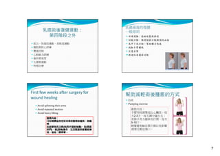 乳癌術後復健運動：
第四階段之外

乳癌術後的復健
一般原則
 呼吸運動：協助放鬆與排痰
呼吸運動 協助放鬆與排痰
 四肢活動：維持關節活動與預防血栓

 肌力、恢復性運動、柔軟度運動

 及早下床活動：幫助體力恢復

 腹肌與核心訓練

 減輕手臂腫脹

 體重控制

 注意姿勢

 心肺耐力訓練

 漸進性肩關節活動

 維持骨密度
 化療期運動
 物理治療

First few weeks after surgery for 
wound healing
 Avoid splinting their arms
 Avoid repeated motion 
 Avoid heavy lifting

幫助減輕術後腫脹的方式
 抬高
 Pumping exercise

衛教內容：
手臂用枕頭墊高比心臟高，每
天2-3次，每次30分鐘左右；
常做手用力握拳及打開，每次
常做手用力握拳及打開 每次
5-10下。
睡覺避免躺在開刀側以免影響
循環及壓迫傷口。

7

 