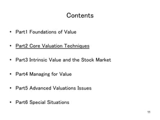 Contents	
•  Part1 Foundations of Value	
•  Part2 Core Valuation Techniques	
•  Part3 Intrinsic Value and the Stock Market	
•  Part4 Managing for Value	
•  Part5 Advanced Valuations Issues	
•  Part6 Special Situations	
11

 