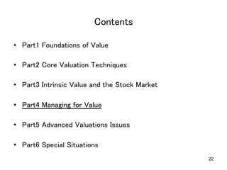 Contents	
•  Part1 Foundations of Value	
•  Part2 Core Valuation Techniques	
•  Part3 Intrinsic Value and the Stock Market	
•  Part4 Managing for Value	
•  Part5 Advanced Valuations Issues	
•  Part6 Special Situations	
22

 