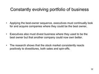 Constantly evolving portfolio of business	
•  Applying the best-owner sequence, executives must continually look
for and acquire companies where they could be the best owner,
•  Executives also must divest business where they used to be the
best owner but that another company could now own better.
•  The research shows that the stock market consistently reacts
positively to divestitures, both sales and spin-offs.	

32

 