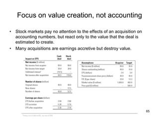 Focus on value creation, not accounting	
•  Stock markets pay no attention to the effects of an acquisition on
accounting numbers, but react only to the value that the deal is
estimated to create.
•  Many acquisitions are earnings accretive but destroy value. 	

65

 