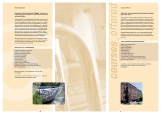 31 
courses_offered 
30 
Courses Offered 
Field of Study: Trade and Industry Teacher Certification Programme 
for Vocational Schools 
This programme prepares students for trade and industry teacher 
certification in vocational schools in the areas of: specialized field of 
study A (subject-related theoretical subjects), and specialized field 
of study B (subject-related practical subjects). This field of study is 
based on the latest Austrian vocational training system and currently 
offers over 250 teaching qualifications in the respective vocational 
field. The requirements for this teacher certification are a specific 
vocational training and vocational practice of two to three years. This 
field of study is only offered to teachers who are currently working. 
All of the courses offered can be found in PH-Online(https://www. 
ph-online.ac.at/phst/webnav.ini) or the staff of Centre 2 (z2@phst. 
at) will gladly assist you in the planning of your own individual study 
programme. 
Teacher Training and Further Education Courses 
English across the Curriculum 
Conflict Management 
Intercultural Pedagogy 
Montessori Education 
Health Education 
Inclusive Education 
Teaching Diverse Learners 
Gifted Children Education 
Teaching Italian in Primary and Secondary School 
Education for Individual Children with Special Needs 
Speech Therapy Education 
In addition, a variety of educational opportunities are offered in 
continuing education courses. You can find them on 
www.phst.at. 
Studienangebote 
Studiengang „Technisch-gewerbliche Pädagogik“ Lehramt für den 
technisch-gewerblichen Fachbereich an berufsbildenden mittleren 
und höheren Schulen 
Im Studiengang Technisch-gewerbliche Pädagogik erwerben unsere 
Studierenden das Lehramt für den technisch-gewerblichen Fachbe-reich 
an berufsbildenden mittleren und höheren Schulen in der Fach-gruppe 
A (fachtheoretische Unterrichtsgegenstände) sowie in der 
Fachgruppe B (fachpraktische Unterrichtgegenstände) an berufsbil-denden 
mittleren und höheren Schulen. Die Ausbildung richtet sich 
nach dem aktuellen Stand des österreichischen Berufsausbildungs-systems 
und bietet derzeit über 250 Lehrbefähigungen in den jewei-ligen 
spezifischen Berufsfeldern an. Voraussetzungen für dieses 
Lehramt sind eine spezifische Berufsausbildung und eine fundierte 
Berufspraxis von zwei bis drei Jahren. Diese Ausbildung wird nur für 
bereits im Dienst stehende Lehrerinnen und Lehrer angeboten. 
Alle Studienangebote sind unter PH-Online (https://www.ph-online. 
ac.at/phst/webnav.ini) ersichtlich. Das Zentrum 2 der Pädagogischen 
Hochschule Steiermark (z2@phst.at) ist bei der Erstellung Ihres 
individuellen Studienplanes behilflich. 
Studien für die Fort- und Weiterbildung 
Eine kleine Auswahl an Lehrgängen: 
English across the curriculum 
Mediation und Konfliktkompetenz 
Interkulturelle Pädagogik 
Montessori-Pädagogik 
Gesundheitspädagogik 
Inklusive Bildung 
Interkulturelle Pädagogik 
Jugend- und Sozialkulturarbeit 
Begabungsförderung und Potenzialentwicklung 
Italienisch an Volksschulen und Neuen Mittelschulen 
Sprachheilpädagogik 
Mehr Informationen zu den Lehrgängen finden Sie unter 
www.phst.at. 
Darüber hinaus werden für alle Lehrerinnen und Lehrer spezifische 
Fortbildungsangebote zur Verfügung gestellt. 
 