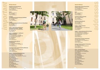 Mag 
important 
addresses 
6 7 
Wichtige Adressen 
Pädagogische Hochschule Steiermark 
A-8010 Graz, Hasnerplatz 12 
Tel.: +43 316 8067 0, Fax: +43 316 8067 3199 
E-Mail: office@phst.at 
Internet: http://www.phst.at 
Rektorin 
Mag.a Dr.in Elgrid Messner 
Tel.: +43 316 8067 0 
E-Mail: rektorat@phst.at 
Vizerektorin 
der Pädagogischen Hochschule Steiermark (Ausbildung) 
Mag.a Dr.in Regina Weitlaner 
Tel.: +43 316 8067 0 
E-Mail: rektorat@phst.at 
Vizerektor 
der Pädagogischen Hochschule Steiermark (Weiterbildung) 
Mag. Dr. Dr. Walter Vogel 
Tel.: +43 316 8067 0 
E-Mail: rektorat@phst.at 
Institut 2 – Allgemeinbildende Pflichtschulen 
einschließlich Vorschulstufe – Ausbildung 
Institutsleiterin: Mag.a Dr.in Erika Rottensteiner 
Tel.: +43 316 8067 1201 
E-Mail: i2@phst.at 
Institut 5 – Berufspädagogik – Ausbildung und 
Schulpraktische Studien 
A-8010 Graz, Theodor-Körner-Straße 38 
Tel.: +43 316 8067 1500, Fax: +43 316 8067 1599 
Institutsleiter: Mag. Dr. Werner Moriz 
Tel.: +43 316 8067 1501 
E-Mail: i5@phst.at 
Internet: http://i5.phst.at 
Schulpraktische Studien (APS) und 
Praxisvolksschule 
Leiterin: Mag.a Claudia Luttenberger 
Tel.: +43 316 8067 1211, Fax: +43 316 8067 1219 
E-Mail: pvs@phst.at 
Internet: http://pvs.phst.at 
Schulpraktische Studien und Praxisschule Neue Mittelschule 
Leiterin: MMag.a Andrea Wagner 
Tel.: +43 316 8067 1221, Fax: +43 316 8067 1229 
E-Mail: nms@phst.at 
Internet: http://nms.phst.at 
Zentrum 2 – Internationale Bildungskooperationen 
Zentrumsleiterin: Mag.a Susanne Linhofer 
Tel.: +43 316 8067 2201, Fax: +43 316 8067 2299 
E-Mail: z2@phst.at, Internet: www.phst.at > international 
Karin Feldgrill, BEd 
Tel.: +43 316 8067 2205 
E-Mail: karin.feldgrill@phst.at 
Mag. Katharina Kamitz 
Tel.: +43 316 8067 2205 
E-Mail: katharina.kamitz@phst.at 
Elfriede Koller 
Tel.: +43 316 8067 2204 
E-Mail: elfriede.koller@phst.at 
Heiko Vogl, MA 
Tel.: +43 316 8067 2202 
E-Mail: heiko.vogl@phst.at 
Important Addresses 
University College of Teacher Education Styria 
A-8010 Graz, Hasnerplatz 12 
Tel.: +43 316 8067 0, Fax: +43 316 8067 3199 
E-Mail: office@phst.at 
Internet: http://www.phst.at 
Rector 
Mag.a Dr.in Elgrid Messner 
Tel.: +43 316 8067 0 
E-Mail: rektorat@phst.at 
Vice Rector for Studies and Teaching 
Mag.a Dr.in Regina Weitlaner 
Tel.: +43 316 8067 0 
E-Mail: rektorat@phst.at 
Vice Rector for Further Education 
Mag. Dr. Dr. Walter Vogel 
Tel.: +43 316 8067 0 
E-Mail: rektorat@phst.at 
Institute 2 – Compulsary Education 
including Pre-school 
Head of Institute 2: Mag.a Dr.in Erika Rottensteiner 
Tel.: +43 316 8067 1201 
E-Mail: i2@phst.at 
Institute 5 – Vocational Education and Practical Studies 
A-8010 Graz, Theodor-Körner-Straße 38 
Tel.: +43 316 8067 1500, Fax: +43 316 8067 1599 
Head of Institute 5: Mag. Dr. Werner Moriz 
Tel.: +43 316 8067 1501 
E-Mail: i5@phst.at 
Internet: http://i5.phst.at 
Primary Education and Teacher-Training School 
Head: Mag.a Claudia Luttenberger 
Tel.: +43 316 8067 1211, Fax: +43 316 8067 1219 
E-Mail: d1@phst.at 
Internet: http://pvs.phst.at 
Secondary I Education and Teacher-Training School 
Head: MMag.a Andrea Wagner 
Tel.: +43 316 8067 1221, Fax: +43 316 8067 1299 
E-Mail:nms@phst.at 
Internet: http://nms.phst.at 
Centre 2 – International Relations 
Head of Centre 2: Mag.a Susanne Linhofer 
Tel.: +43 316 8067 2201, Fax: +43 316 8067 2299 
E-Mail: z2@phst.at 
Internet: www.phst.at > international 
Karin Feldgrill, BEd 
Tel.: +43 316 8067 2205 
E-Mail: karin.feldgrill@phst.at 
Mag. Katharina Kamitz 
Tel.: +43 316 8067 2205 
E-Mail: katharina.kamitz@phst.at 
Elfriede Koller 
Tel.: +43 316 8067 2204 
E-Mail: elfriede.koller@phst.at 
Heiko Vogl, MA 
Tel.: +43 316 8067 2202 
E-Mail: heiko.vogl@phst.at 
 