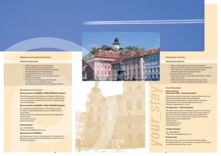 14 15 
your_stay 
Preparing for Your Stay 
Checklist before Departure: 
• Bring a valid passport and/or personal identification 
• Have your letter of acceptance from the University Admission 
Office with you (an agreement between the hosting 
university and the home country’s institution) 
• European Health Insurance Card 
• Bring proper clothing – come prepared and keep in mind the 
season of your stay 
• Advise the University in writing as to when you will be 
arriving. You will then be assisted by the Centre 2 staff. 
Travel Preparation 
Airport Information 
Vienna Airport (Wien - Schwechat Flughafen) 
The airport has shuttle busses which leave every 30 minutes to the 
Railway Station Meidling (Wien Bahnhof-Meidling). 
Trains from the Railway Station in Vienna depart to the Central 
Railway Station in Graz (Graz Hauptbahnhof) every hour 
Travel time: approximately 2 ½ hours 
Graz Airport (Graz – Thalerhof Flughafen) 
The airport is located about 15 kilometres south of Graz. The airport 
has busses which leave regularly to the centre of town (Jakomini-platz) 
and to the Central Railway Station (Graz Hauptbahnhof). 
There is also a train connection which brings you to the Central 
Railway Station (Graz Hauptbahnhof). 
Shuttle services: 
www.flughafen-graz.at 
www.airportdriver.at 
Timetable Information 
Tel.: +43 316 2902172 
E-Mail: information@flughafen-graz.at 
Arriving by Train 
All trains arriving in Graz arrive at the Central Railway Station 
(Graz Hauptbahnhof). You can continue your journey from there with 
our public transportation (bus or tram). 
Allgemeine und praktische Hinweise 
Checkliste vor Reiseantritt: 
• Gültiger Reisepass oder Personalausweis 
• Aufnahmebestätigung der Pädagogischen 
Hochschule Steiermark (Absprache der Institution 
des Heimatlandes mit der Gastinstitution) 
• Europäische Krankenversicherungskarte 
• Vergessen Sie nicht, der Jahreszeit entsprechende 
Kleidung mitzunehmen! 
• Informieren Sie die Pädagogische Hochschule 
schriftlich, wann Sie ankommen werden! 
Nach Absprache werden Sie über das Zentrum 2 betreut. 
Wie komme ich nach Graz? 
Wissenswertes für die ANKUNFT in WIEN-SCHWECHAT (Flughafen) 
Alle 30 Minuten gehen Shuttle-Busse vom Flughafen Wien-Schwe-chat 
nach Wien Bahnhof-Meidling. Von dort fahren stündlich Direkt-züge 
in Richtung Graz-Hauptbahnhof (die Fahrzeit beträgt ungefähr 
zweieinhalb Stunden). 
Wissenswertes für die ANKUNFT in GRAZ-THALERHOF (Flughafen) 
Der Flughafen Graz-Thalerhof liegt ca. 15 km südlich von Graz. 
Es verkehren regelmäßig Busse zum Grazer Hauptbahnhof und 
Jakominiplatz. 
Zusätzlich gibt es eine Zugverbindung zum Grazer Hauptbahnhof. 
Shuttleservices: 
www.flughafen-graz.at 
www.airportdriver.at 
Fahrplanauskünfte: 
Tel.: +43 316 2902 172 
E-Mail: information@flughafen-graz.at 
Wissenswertes für ZUGFAHRER 
Alle Züge kommen am Grazer Hauptbahnhof an. Die Weiterfahrt mit 
öffentlichen Verkehrsmitteln (Bus, Straßenbahn) ist direkt ab dem 
Hauptbahnhof möglich. 
 