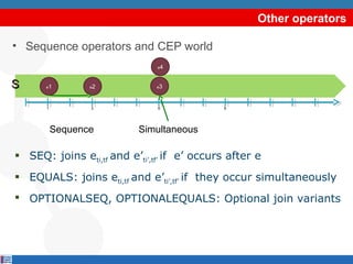 Other operators
• Sequence operators and CEP world
e4

S

e1

e2

e3

1

3

6

Sequence

9

Simultaneous

 SEQ: joins eti...