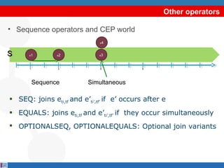 Other operators
• Sequence operators and CEP world
e4

S

e1

e2

e3

1

3

6

Sequence

9

Simultaneous

 SEQ: joins eti,tf and e’ti’,tf’ if e’ occurs after e
 EQUALS: joins eti,tf and e’ti’,tf’ if they occur simultaneously
 OPTIONALSEQ, OPTIONALEQUALS: Optional join variants

 