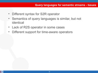 Query languages for semantic streams - Issues

• Different syntax for S2R operator
• Semantics of query languages is similar, but not
identical
• Lack of R2S operator in some cases
• Different support for time-aware operators

28

 