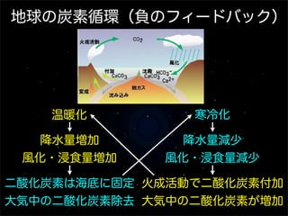 地球の炭素循環（負のフィードバック）

温暖化

寒冷化

降水量増加
風化・浸食量増加

降水量減少
風化・浸食量減少

二酸化炭素は海底に固定 火成活動で二酸化炭素付加
大気中の二酸化炭素除去 大気中の二酸化炭素が増加

 