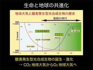 生命と地球の共進化

酸素発生型光合成生物の誕生・進化
 → CO2 地球大気からO2 地球大気へ

 