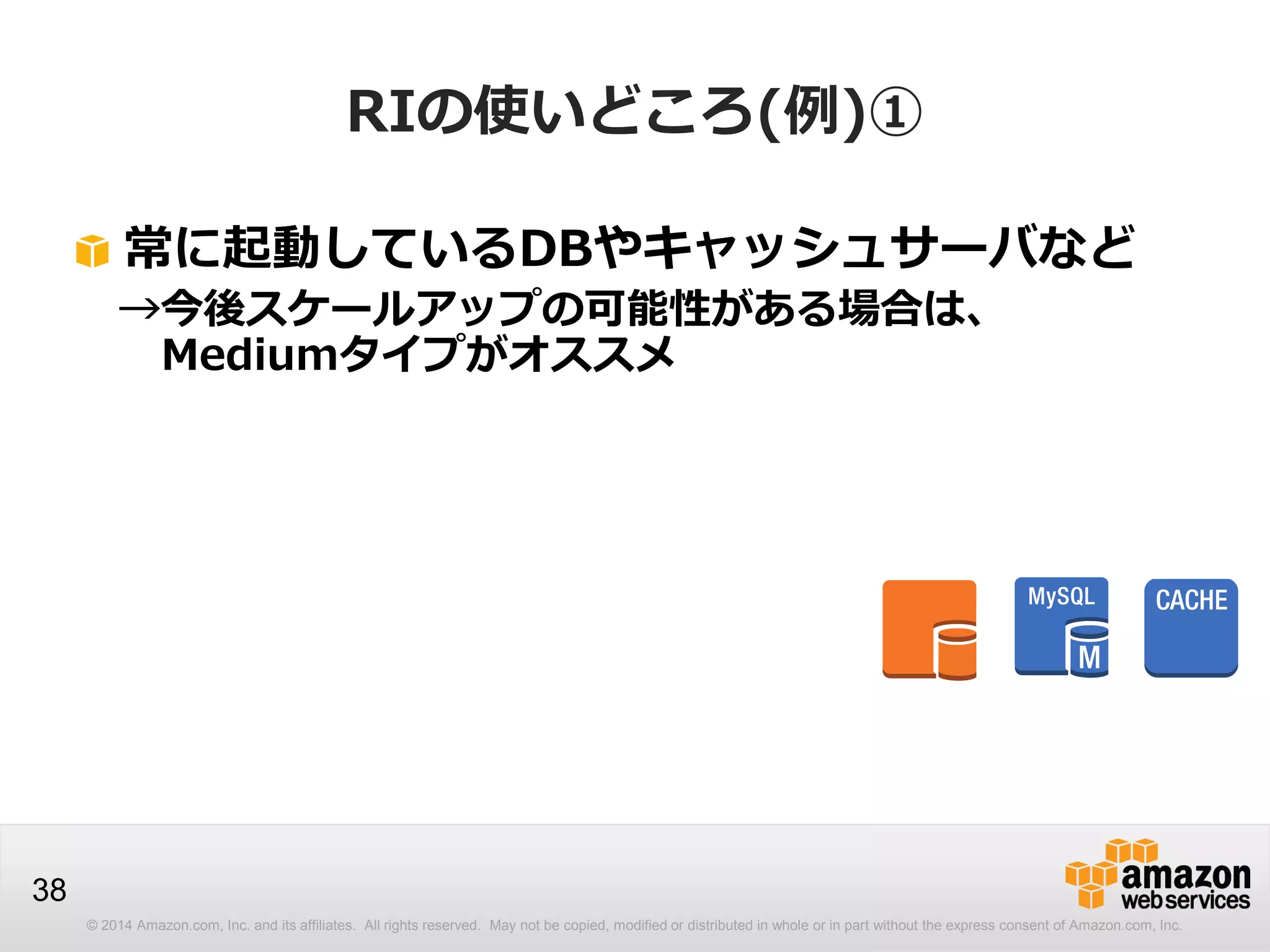 © 2014 Amazon.com, Inc. and its affiliates. All rights reserved. May not be copied, modified or distributed in whole or in part without the express consent of Amazon.com, Inc.
38
RIの使いどころ(例)①
常に起動しているDBやキャッシュサーバなど
→今後スケールアップの可能性がある場合は、
Mediumタイプがオススメ
 