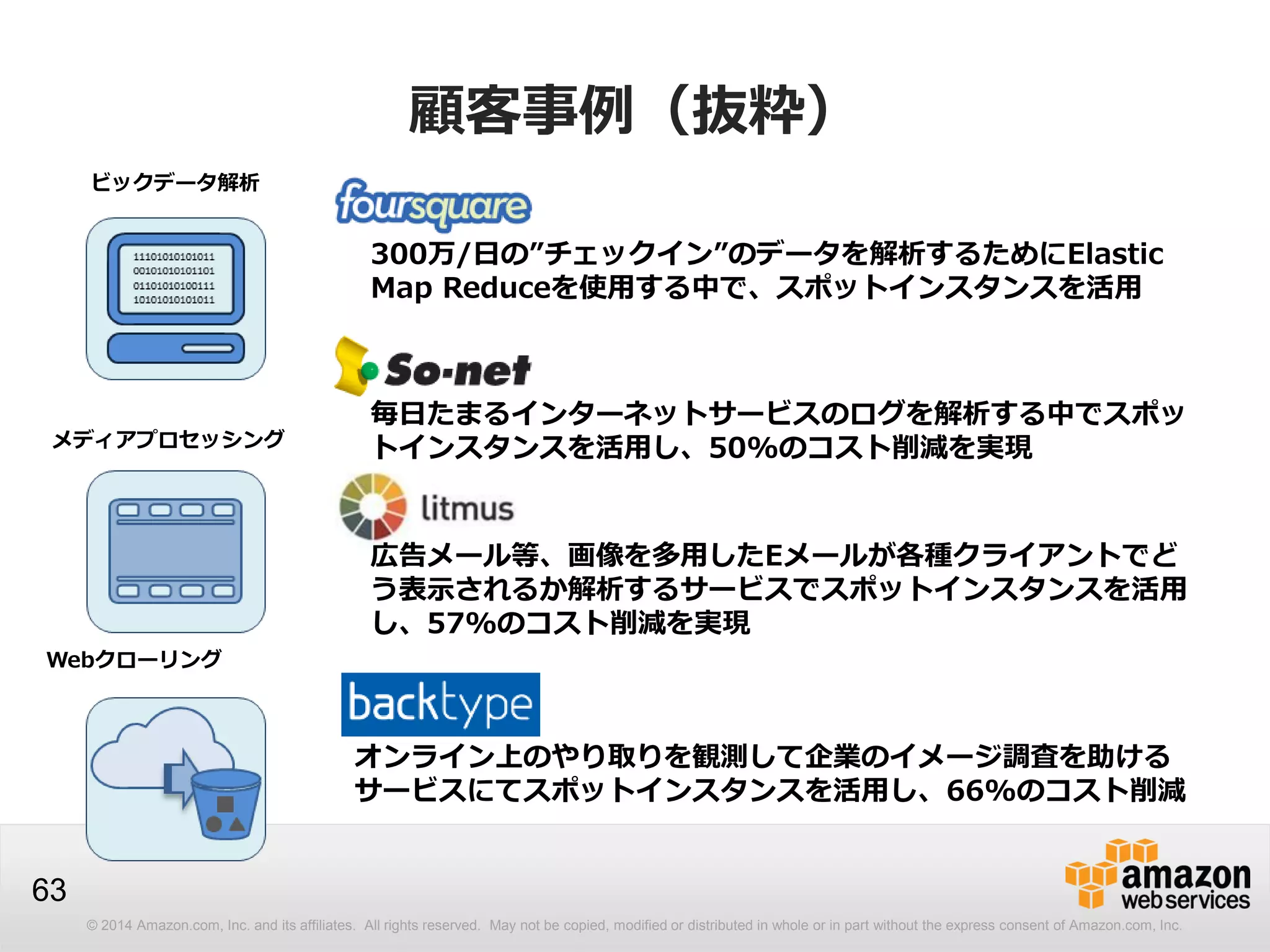 © 2014 Amazon.com, Inc. and its affiliates. All rights reserved. May not be copied, modified or distributed in whole or in part without the express consent of Amazon.com, Inc.
63
顧客事例（抜粋）
ビックデータ解析
メディアプロセッシング
300万/日の”チェックイン”のデータを解析するためにElastic
Map Reduceを使用する中で、スポットインスタンスを活用
毎日たまるインターネットサービスのログを解析する中でスポッ
トインスタンスを活用し、50%のコスト削減を実現
広告メール等、画像を多用したEメールが各種クライアントでど
う表示されるか解析するサービスでスポットインスタンスを活用
し、57%のコスト削減を実現
Webクローリング
オンライン上のやり取りを観測して企業のイメージ調査を助ける
サービスにてスポットインスタンスを活用し、66%のコスト削減
 