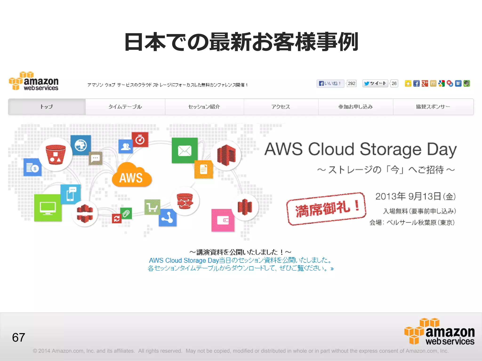 © 2014 Amazon.com, Inc. and its affiliates. All rights reserved. May not be copied, modified or distributed in whole or in part without the express consent of Amazon.com, Inc.
67
日本での最新お客様事例
 