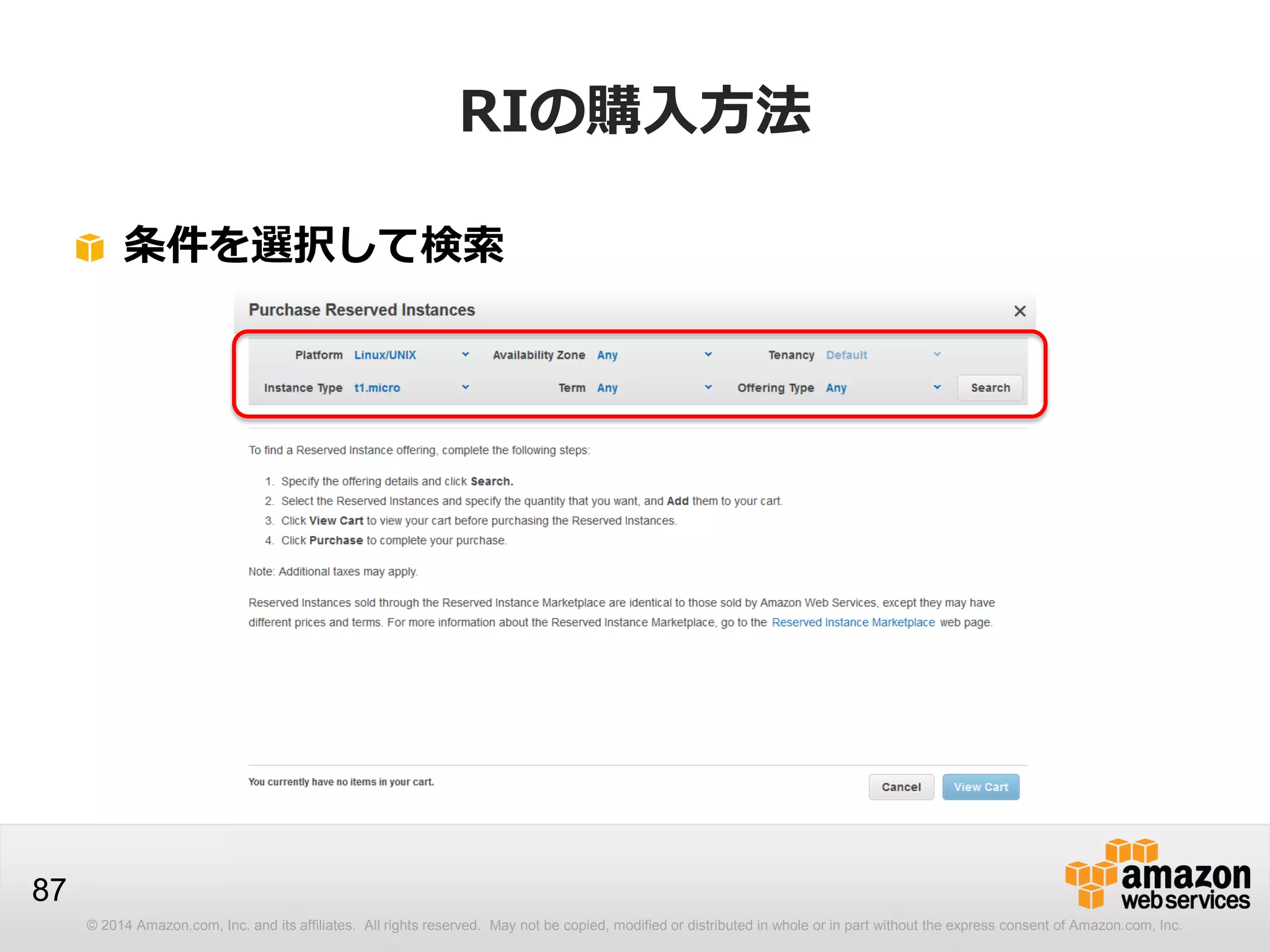 © 2014 Amazon.com, Inc. and its affiliates. All rights reserved. May not be copied, modified or distributed in whole or in part without the express consent of Amazon.com, Inc.
87
RIの購入方法
条件を選択して検索
 