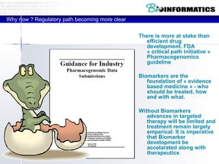 Rationale 1:
Why now ? Regulatory path becoming more clear
There is more at stake than
efficient drug
development. FDA
« critical path initiative »
Pharmacogenomics
guideline
Biomarkers are the
foundation of « evidence
based medicine » - who
should be treated, how
and with what.
Without Biomarkers
advances in targeted
therapy will be limited and
treatment remain largely
emperical. It is imperative
that Biomarker
development be
accelarated along with
therapeutics

 