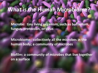 What is the Human Microbiome?
Microbe: tiny living organism, such as bacterium,
fungus, protozoan, or virus
Microbiome: collectively all the microbes in the
human body; a community of microbes
Biofilm: a community of microbes that live together
on a surface
Summer 2012 Workshop in Biology and
Multimedia for High School Teachers

 