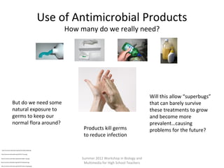 Use of Antimicrobial Products
How many do we really need?

But do we need some
natural exposure to
germs to keep our
normal flora around?

Products kill germs
to reduce infection

http://commons.wikimedia.org/wiki/File:Afwasmiddel.jpg
http://commons.wikimedia.org/wiki/File:Tissue.jpg
http://commons.wikimedia.org/wiki/File:Refill_soap.jpg
http://commons.wikimedia.org/wiki/File:Toothpaste.jpg
http://commons.wikimedia.org/wiki/File:Hands-Clapping.jpg

Summer 2012 Workshop in Biology and
Multimedia for High School Teachers

Will this allow “superbugs”
that can barely survive
these treatments to grow
and become more
prevalent…causing
problems for the future?

 