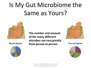 Is My Gut Microbiome the
Same as Yours?
The number and amount
of the many different
microbes can vary greatly
from person to person.

Summer 2012 Workshop in Biology and
Multimedia for High School Teachers

 