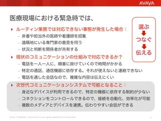 医療現場における緊急時では、
  ルーティン業務では対応できない事態が発生した場合：
–  非番や担当外の医師や看護師を招集
–  遠隔地にいる専門家の意見を伺う
–  状況と判断を関係者が共有する

  現状のコミュニケーションの仕組みで対応できるか？

選ぶ
つなぐ
伝える

–  電話を一人一人に、順番に掛けていくので時間がかかる
–  特定の通話、通信機器に依存する。それが使えないと連絡できない
–  電話を通した会話なので、複雑な内容は伝えにくい

  次世代コミュニケーションシステムで可能となること：
–  身近なデバイスが利用できるので、特定の機器に依存する制約が少ない
–  コネクションをコントロールできるので、接続を自動化、効率化が可能
–  複数のメディアとデバイスを連携。伝わりやすい会話ができる
Avaya - Proprietary. Use pursuant to your signed agreement or Avaya policy.

4

 