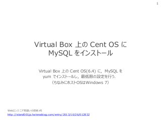 1

Virtual Box 上の Cent OS に
MySQL をインストール
Virtual Box 上の Cent OS(6.4) に，MySQL を
yum でインストールし，最低限の設定を行う．
（ちなみにホストOSはWindows 7）

Webエンジニア見習いの技術メモ
http://island001jp.hatenablog.com/entry/2013/10/26/012832

 