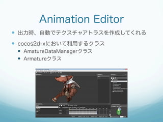 Animation Editor
?? rԄӤǥƥ㥢ȥ饹ɤƤ
?? cocos2d-xˤä륯饹
?? AmatureDataManager饹
?? Armature饹

 
