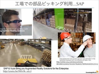ǤβƷԥå...SAP

Smart glasses from Vuzix provide voice and visual information to help
warehouse employees work more efficiently and safely. Vizux

http://online.wsj.com/news/articles/
SB10001424052702303796404579099203059125112

SAP & Vuzix Bring you Augmented Reality Solutions for the Enterprise
http://youtu.be/9Wv9k_ssLcI

 