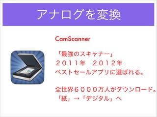 アナログを変換
CamScanner
!

「最強のスキャナー」
２０１１年 ２０１２年
ベストセールアプリに選ばれる。
!

全世界６０００万人がダウンロード。
「紙」→「デジタル」へ
!

 