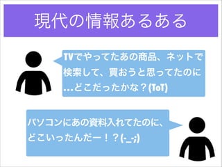 現代の情報あるある
TVでやってたあの商品、ネットで
検索して、買おうと思ってたのに
…どこだったかな？(ToT)

パソコンにあの資料入れてたのに、
どこいったんだー！？(-_-;)

 