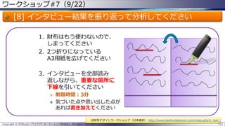 ワークショップ#7（9/22）

[8] インタビュー結果を振り返って分析してください
1. 財布はもう使わないので、
しまってください
2. 2つ折りになっている
A3用紙を広げてください
3. インタビューを全部読み
返しながら、重要な箇所に
下線を引いてください
» 制限時間：3分
» 気づいた点や思い出した点が
あれば書き加えてください
お財布デザインワークショップ（日本語訳） http://www.kashinotakanori.com/index.php?c_tool
Copyright © POStudy (プロダクトオーナーシップ勉強会). All rights reserved.

103

 