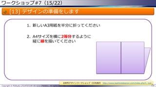 ワークショップ#7（15/22）

[13] デザインの準備をします
1. 新しいA3用紙を半分に折ってください
2. A4サイズを横に2等分するように
縦に線を描いてください

お財布デザインワークショップ（日本語訳） http://www.kashinotakanori.com/index.php?c_tool
Copyright © POStudy (プロダクトオーナーシップ勉強会). All rights reserved.

109

 