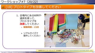 ワークショップ#7（20/22）

[18] プロトタイプを改善してください
1. 会場内にある材料や
道具を使って、
プロトタイプを
改善してください
» 制限時間：15分
» リアルサイズで
製作してください

お財布デザインワークショップ（日本語訳） http://www.kashinotakanori.com/index.php?c_tool
Copyright © POStudy (プロダクトオーナーシップ勉強会). All rights reserved.

114

 