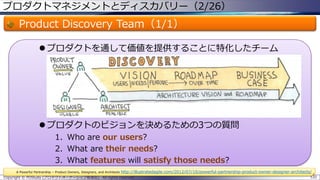 プロダクトマネジメントとディスカバリー（2/26）

Product Discovery Team（1/1）
 プロダクトを通して価値を提供することに特化したチーム

 プロダクトのビジョンを決めるための3つの質問
1. Who are our users?
2. What are their needs?
3. What features will satisfy those needs?
A Powerful Partnership – Product Owners, Designers, and Architects

http://illustratedagile.com/2012/07/10/powerful-partnership-product-owner-designer-architects/

Copyright © POStudy (プロダクトオーナーシップ勉強会). All rights reserved.

120

 