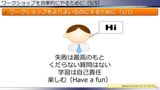 ワークショップを効果的にやるために（5/5）

ワークショップをよりよいものにするために（1/1）

失敗は最高のもと
くだらない質問はない
学習は自己責任
楽しむ（Have a fun）
@ebacky 氏 from すくすくスクラム
13

 